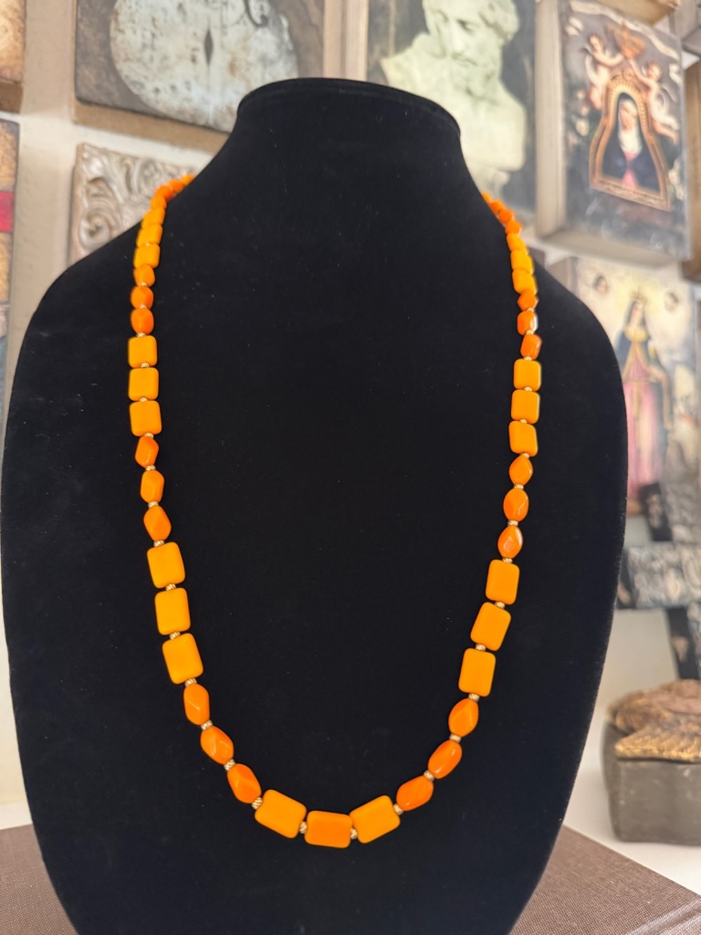 Vintage Orange Lucite Bead Necklace Rose Slider Clasp Mid Century Style